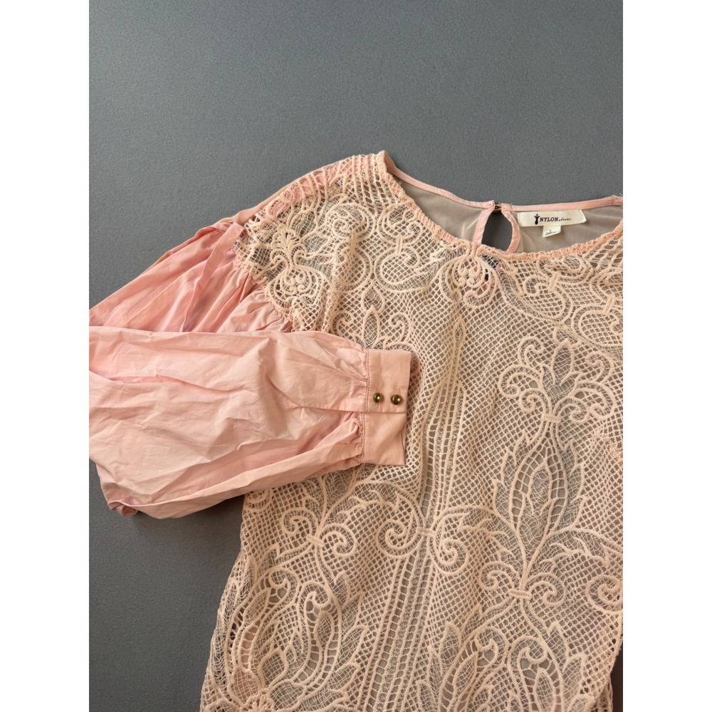 Nylon Apparel Pink Lace Puff Sleeve Blouse Womens Large Romantic Crochet Top